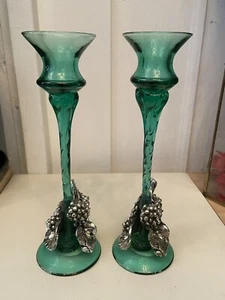 2 Green Creazioni Artistiche Italian Glass and Silver 925 Candle Sticks Holders - Picture 1 of 22