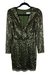 NEW Mac Duggal Green Fully Sequin Dress Size 4 Long Sleeve Mini Party Glitter - Picture 1 of 12