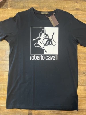 NUEVO CON ETIQUETAS Roberto Cavalli Hombre Camiseta Negra XL 100% Algodón Manga Corta Cuello Redondo Foto 1 de 4