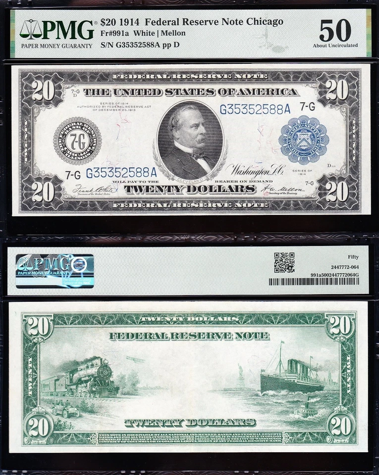 AWESOME Crisp HIGH GRADE 1914 $20 CHICAGO FRN Note! PMG 50! FREE SHIP! 52588A - Image 1 of 3