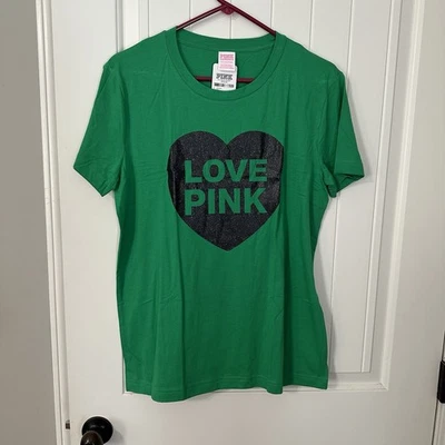 NUEVA CAMISETA VICTORIA'S SECRET LOVE ROSA VERDE CORAZÓN BRILLANTE CAMPUS TRIPULACIÓN PEQUEÑA Foto 1 de 4