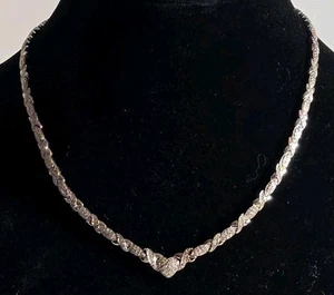 Sterling Silber 925 weiße Diamanten Herz Halskette geflochtene Kette 16 Zoll V-Form - Bild 1 von 24