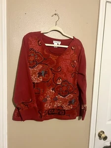 Coldwater Creek Langarmshirt rot XL bunt Blumen Paisley Mesh Struktur - Bild 1 von 13