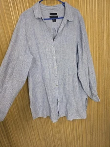 TAHARI Blue & White Woven 100% Linen Collared Button Down Tunic Top Size XL - Picture 1 of 4