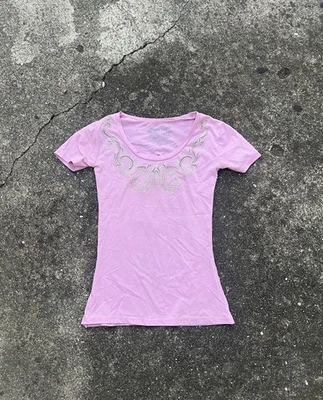 女牛仔钻石 Y2K 双十字哥特式垃圾粉红色小号上衣球衣海岸复古 — 第 1/4 张图片