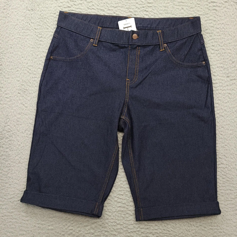 Pantalones Cortos Tono Para Mujer Grandes Lavado Índigo Profundo Denim Bermudas Puños Enrollados Elásticos Nuevos Foto 1 de 4