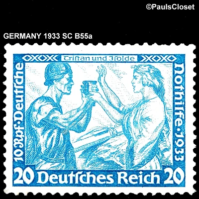 GERMANY 1933 SC B55a TRISTAN & ISOLDE 20+10pf BLUE p 13½x14 MNH OG F/VF - Image 1 of 2
