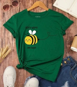 NEW! Shein Bumble Bee Shirt Womens size XL Don’t worry Bee Happy Dark Green - Picture 1 of 3