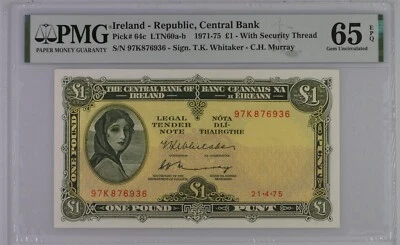 Consecutive TRIPLE Ireland 1 pound Lady Lavery P64c Irish 21.4.75 PMG 65EPQ UNC - Image 1 of 4