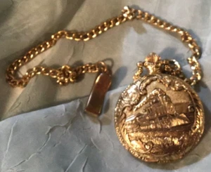 Train Design Gold tone Pocket Watch By Elements Quartz - Picture 1 of 4