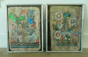 Vtg. Mexican Amate Bark Paper Hand Painted Folk Art Birds Horses Set Of 2 - Picture 1 of 2