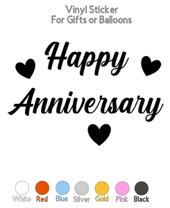 HAPPY ANNIVERSARY with Hearts Vinyl Sticker Crate Glass Gift Box Balloon #02 - Picture 1 of 2