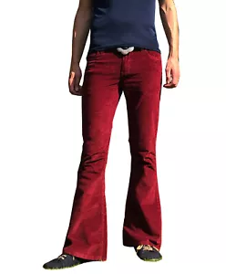 FLARES Burgundy Mens STRETCH bell bottoms Cords hippie vtg indie trousers 70s - Picture 1 of 5