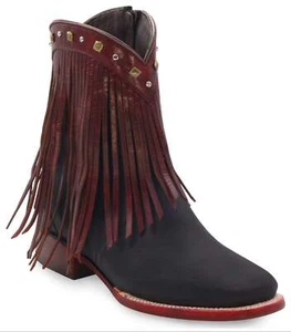 Ladies Genuine Leather Michelle Fringe Wide Square Toe Black Wine Short Boots - Picture 1 of 1