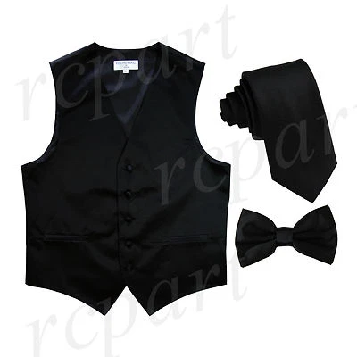 New Men's Solid Tuxedo Vest Waistcoat Necktie & Bowtie Set Party Prom Black - Image 1 of 4