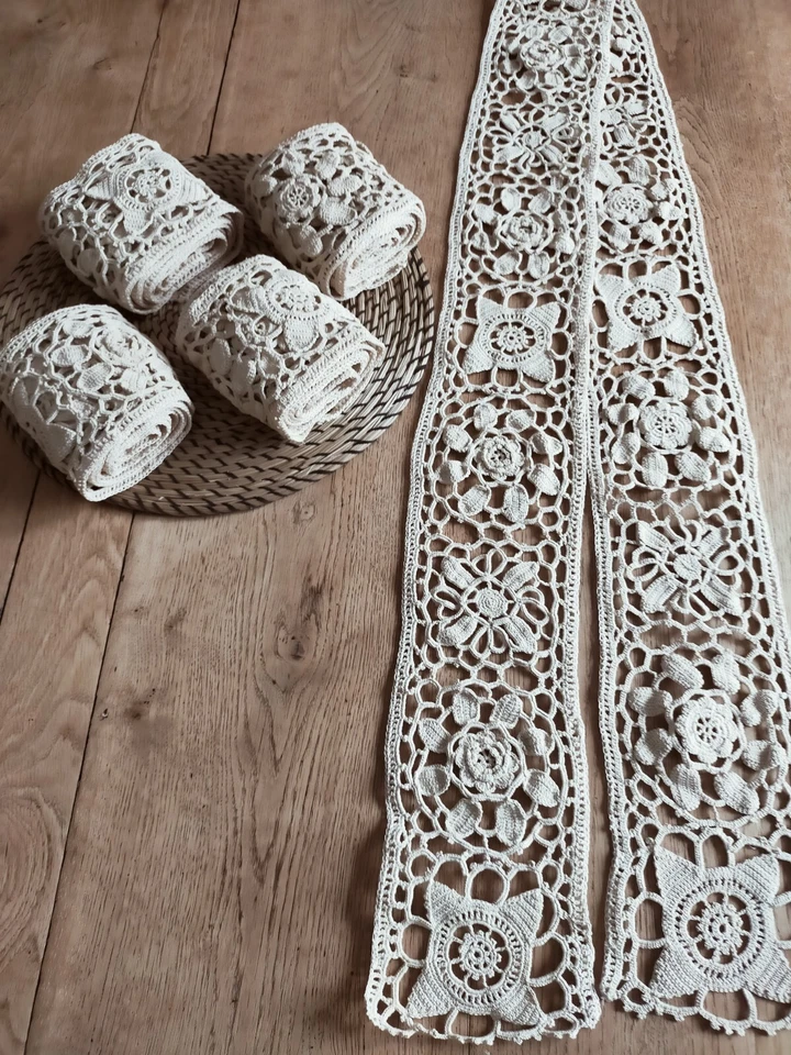 Linge Ancien Broderie Dentelle ancienne bande crochet fait main 185/12 Cm - Photo 1/4