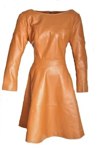 Women's GENUINE Leather Cognac Lightweight USED LOOK Leather Plate Dress - Picture 1 of 9