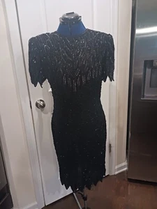 Vintage Black Beaded Sequin Laurence Kazar Black Cocktail Silk Dress Medium - Picture 1 of 14
