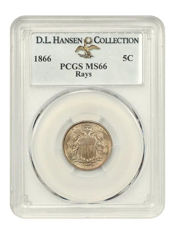 1866 5c PCGS MS66 (With Rays) ex: D.L. Hansen Cover