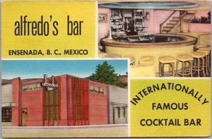 ENSENADA, B.C. Postal de lino MÉXICO "Bar Alfredo" vista calle e interior 1955 - Imagen 1 de 2