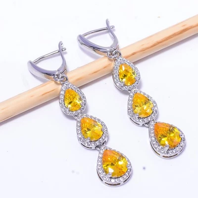 Yellow Sapphire - Simulated, Cubic Zirconia 925 Sterling Silver Earring 2.11" E2 - Image 1 of 4