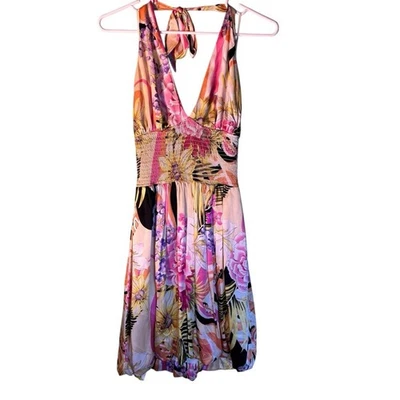 Vintage Y2K Luxe Cache Pink Smocked Plunge Halter Dress Silk Size 4 - Image 1 of 4