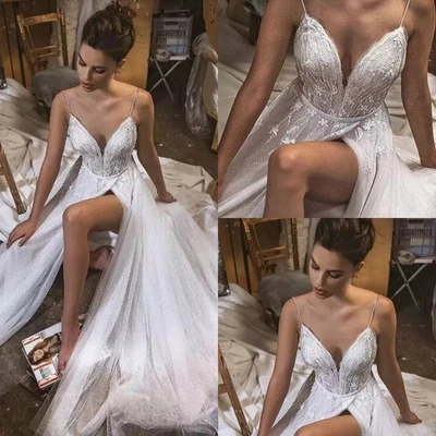 A Line Sexy Wedding Dresses High Spaghetti Sweep Train Appliqued Backless Beach - Image 1 of 4
