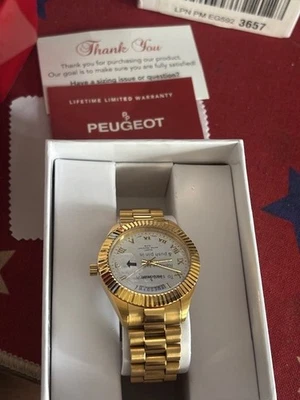 Reloj Hombre Peugeot 14K Chapado en Oro Día Fecha Números Romanos 1029WT Foto 1 de 2