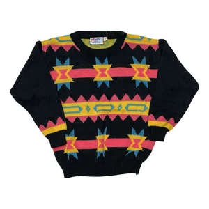 Vintage Go Nitty Pullover Jugend Medium 10/12 schwarz pink gelb geometrisch 90er Strick - Bild 1 von 5