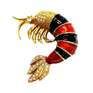 Broche Camarones Vintage Oro Adornado Blanco Estrás Rojo y Naranja Quemado Esmalte - Imagen 1 de 7