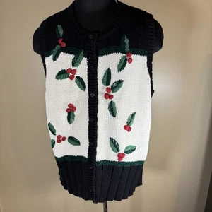 Vintage 90’s XL Christmas Holly Sweater Vest Chunky Knit Holiday Winter Cottage - Picture 1 of 6