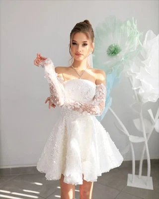 Lucy Customized for Special Occasions White Floral Fabric Short Wedding Dress  - Image 1 of 4