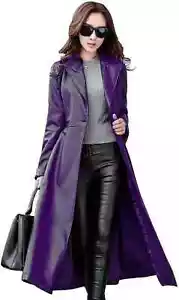 Women's Genuine Lambskin Leather Trench Long Purple Stylish Overcoat Handmade - Picture 1 of 5