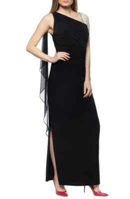 NWT Marina Rhinestone Strap Draped Waist Chiffon Gown Womens Black Size 8 - Image 1 of 4