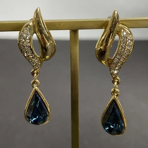 Vintage Roman Drop Pierced Earring Set Gold Tone Rhinestones Blue Teardrop Stone - Picture 1 of 11