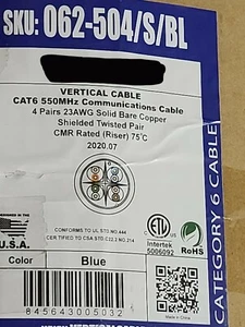 Vertical Cable 062-504/S/BL High Grade 550MHz F/UTP Shielded CAT6 CMR Blue/100ft - Picture 1 of 11