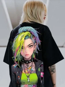 Anime Rainbow Hair Girl Graphic T Shirt Size 3XL Black - Picture 1 of 1