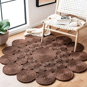 Round Jute Rug with Circle in Brown Color Handmade Area Rug for Home Decor - Picture 1 of 6