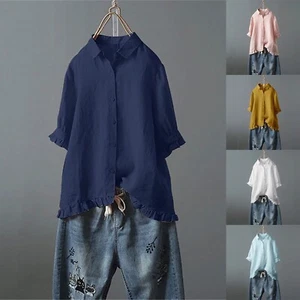 Women Button Down Blouse Tops Cotton And Linen Stand Collar Long Sleeve Shirts - Picture 1 of 23