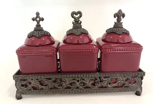 Gracious Goods Acanthus Leaf Collection 3 Red Canister Set Rack Faith Love Hope - Picture 1 of 11