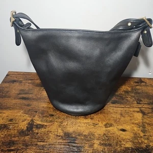 Rare Vintage COACH 1980's Duffle Bucket Bag Black Leather - Picture 1 of 11