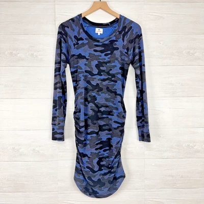 Vestido Midi Feminino Sundry Camuflado Tamanho XS/0 Azul Preto Manga Longa Ruched Stretch - Imagem 1 de 4