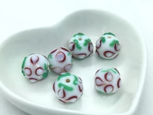 6 lampwork glass indian handmade beads, 13mm, white, green, red, round - Picture 1 of 3