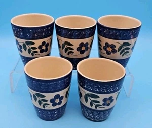 Polish Pottery 5 Tumblers 3.5” Blue Green Floral Flower Fern 4-5 oz lot set - Picture 1 of 8