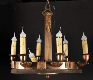 Vintage Machine Age, Art Deco, Wood & Copper  Chandelier, 8 Light, German Style - Picture 1 of 2
