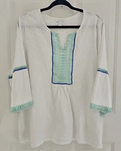 Charter Club Boho V-Ausschnitt 3/4 Ärmel weiß Spitzenbesatz Tunika Top Baumwolle Übergröße 3X - Bild 1 von 5