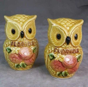 Vintage Japan Souvenier Florida Orangen Salz Pfefferstreuer Eulen gelb - Bild 1 von 2