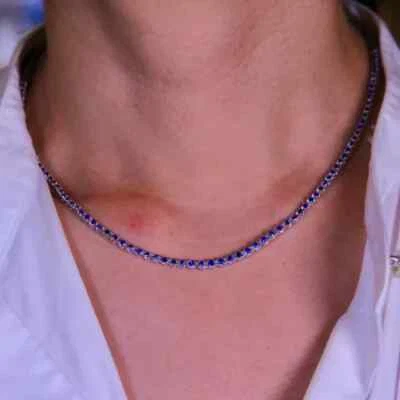 18K White Plated  3mm Round Blue Sapphire Tennis Womens Necklace 18" - Image 1 of 4