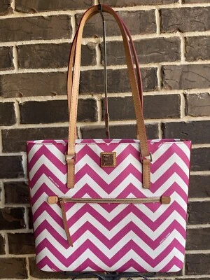 NWT $328 Dooney & Bourke Large Shopper Tote Fuchsia Pink White Chevron - Image 1 of 4