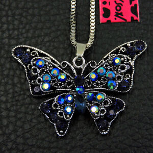 New Blue Rhinestone Butterfiy Crystal Pendant Betsey Johnson Chain Necklace 